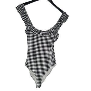 Forever 21 Black Plaid Ruffle Ribbed Knit Bodysuit